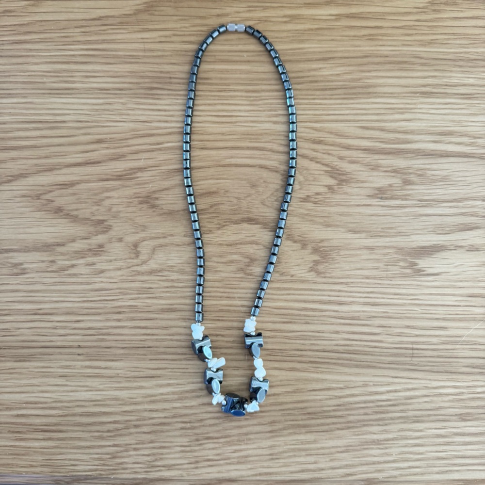 Hematite Beaded Necklace w/ White Howlite Cluster Focal Boho Gemstone - Picture 4 of 6